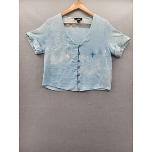 New Look Blue Tie Dye Crop Top Button‎ Front V-Neck Short Sleeve Blouse Size 8